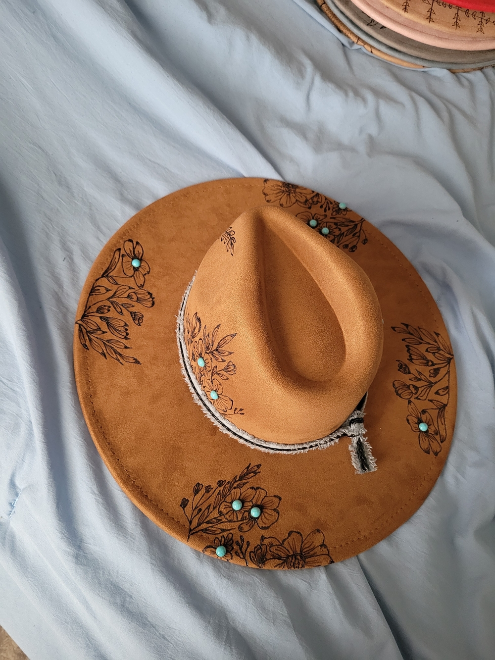 Suede Floral Hand Burned Fedora